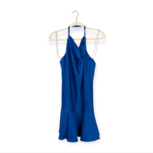 Aidan Mattox Marine Blue Satin Cowl Neck Cocktail Mini Dress Size 14 - Picture 2 of 10